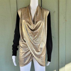 BOSTON PROPER Gold Black Draped Neckline Sweater Top M Medium